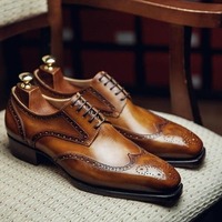 Handmade Men's Brown Leather Lace Up Wing Tip Dress Shoes - Thumbnail 1