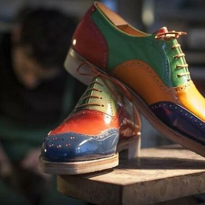 Handmade men's multi tone leather lace up wing tip dress shoes