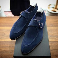 Handmade Men's Brown Leather Double Monk Buckle Split Toe Loafer Shoes - Thumbnail 1