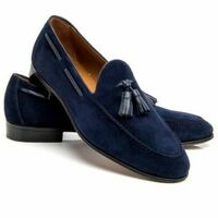 Handmade Men's Blue Suede Signal Buckle Loafer Shoes - Thumbnail 1