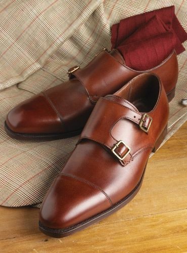 Handmade Men's Brown Leather Double Monk Buckle Split Toe Loafer Shoes