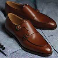 Handmade Men's Brown Leather Double Monk Buckle Split Toe Loafer Shoes - Thumbnail 1