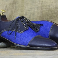 Handmade Men's Lace Up Two Tone Leather & Denim Leather Cap Toe Fashion Shoes - Thumbnail 1