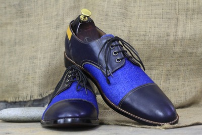 Handmade Men's Lace Up Two Tone Leather & Denim Leather Cap Toe Fashion Shoes