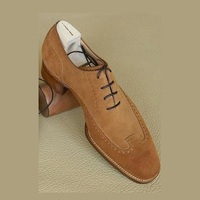 Handmade Men's Fashion Beige Suede Lace Up Office Shoes - Thumbnail 2