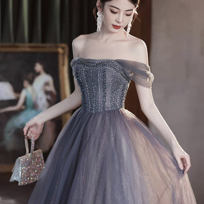 Gray tulle beaded long prom dress, off the shoulder evening party dress - Thumbnail 2