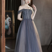 Gray Tulle Beaded Long Prom Dress, Off the Shoulder Evening Party Dress - Thumbnail 3