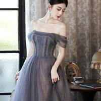 Gray Tulle Beaded Long Prom Dress, Off the Shoulder Evening Party Dress - Thumbnail 5