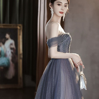 Gray Tulle Beaded Long Prom Dress, Off the Shoulder Evening Party Dress - Thumbnail 6