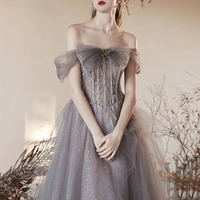 Gray Tulle Beaded Long Off the Shoulder Prom Dress - Thumbnail 1