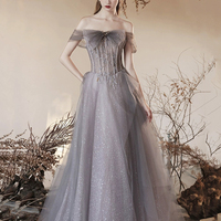 Gray Tulle Beaded Long Off the Shoulder Prom Dress - Thumbnail 3