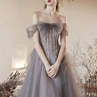 Gray Tulle Beaded Long Off the Shoulder Prom Dress - Thumbnail 5