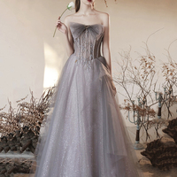 Gray Tulle Beaded Long Off the Shoulder Prom Dress - Thumbnail 4
