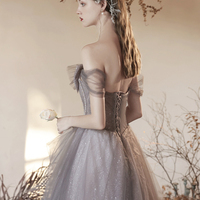 Gray Tulle Beaded Long Off the Shoulder Prom Dress - Thumbnail 6