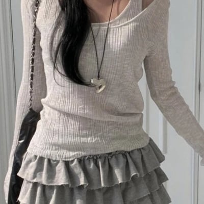 Grey ribbed 2pcs long sleeve shirt 