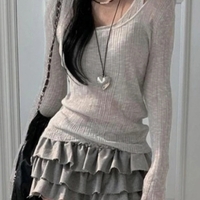 Grey Ribbed 2PCS Long Sleeve Shirt  - Thumbnail 2