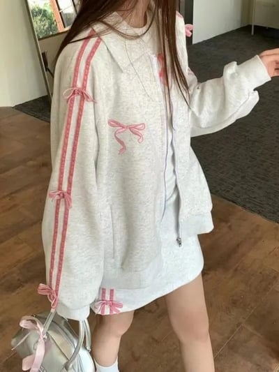 Bow Embroidery Zipper Fleece Jacket 