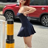 Striped A-Line Pleated Dress - Thumbnail 2