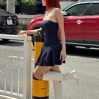 Striped A-Line Pleated Dress - Thumbnail 5