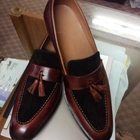 Handmade Men's Two Tone Leather & Suede Tussle Loafer Shoes - Thumbnail 1