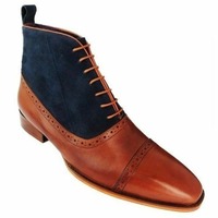 Handmade Men's Two Tone Leather & Suede Lace Up Cap Toe Ankle Boots - Thumbnail 1