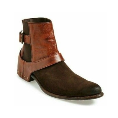 Men's brown leather & suede ankle high buckle strap handmade boots