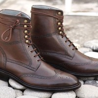 Men's Brown Leather Lace Up Wing Tip Handmade Ankle High Boots - Thumbnail 1