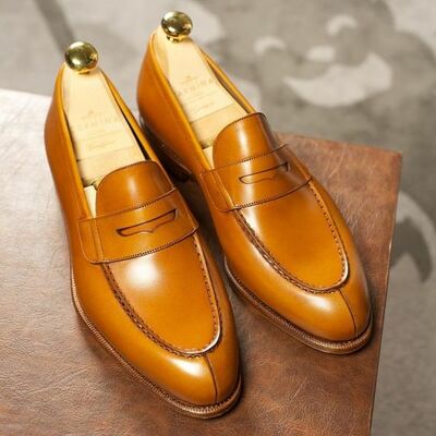 Handmade brown fashion leather penny loafer men's shoes