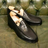 Handmade Men's Black Penny Leather Loafer Shoes - Thumbnail 1