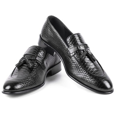 Handmade python leather tussle men's fashion black dress shoes