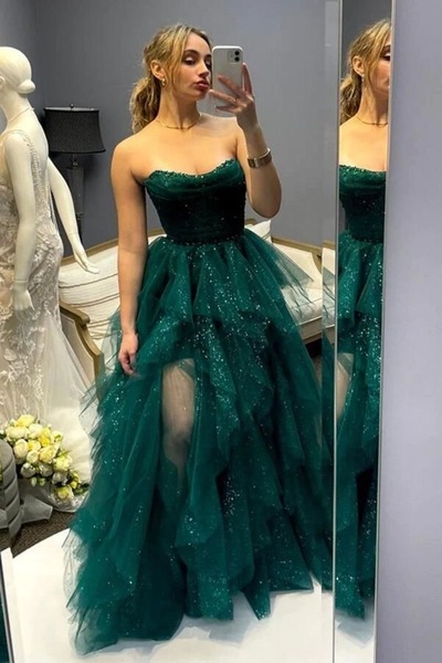 Green Prom Dresses Shiny Slit Side Sweetheart 
