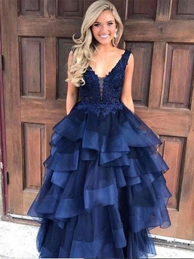 V Neck Navy Blue Prom Dresses with Appliques Lace