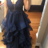 V Neck Navy Blue Prom Dresses with Appliques Lace - Thumbnail 1