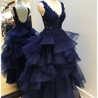 V Neck Navy Blue Prom Dresses with Appliques Lace - Thumbnail 2