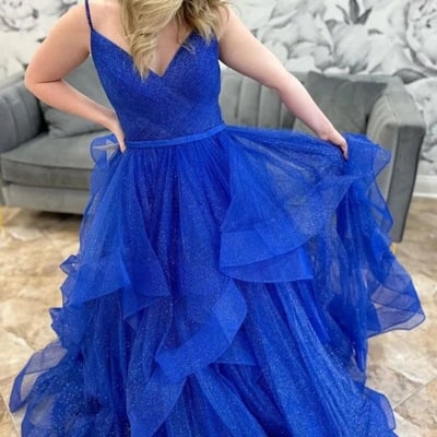 Shiny royal blue prom dresses spaghetti straps - Thumbnail 1