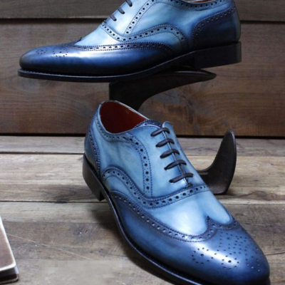 Luxury blue wingtip lace up leather brogue shoes, men's hand stitched lace up shoes  - Thumbnail 1