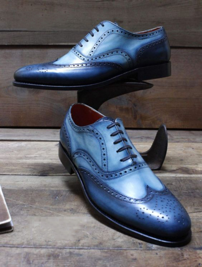 Luxury Blue Wingtip Lace Up Leather Brogue Shoes, Men's Hand Stitched Lace up Shoes 