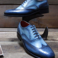 Luxury Blue Wingtip Lace Up Leather Brogue Shoes, Men's Hand Stitched Lace up Shoes  - Thumbnail 1