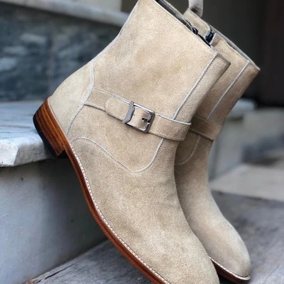 Handmade fashion beige suede buckle jodhpur men's dress boots