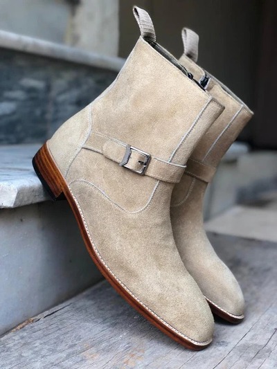 Handmade Fashion Beige Suede Buckle Jodhpur Men's Dress Boots