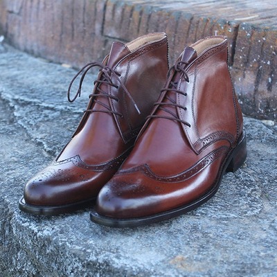 Handmade Men's Burgundy Leather Lace Up Wing Tip Ankle Boots