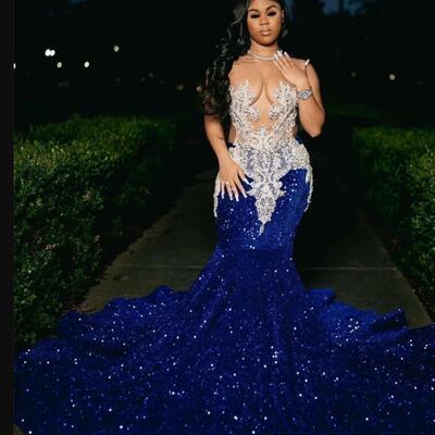 Royal blue sequins beaded appliques prom dresses for african girls sheer neck mermaid formal occasion gowns