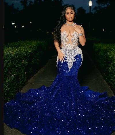Royal Blue Sequins Beaded Appliques Prom Dresses For African Girls Sheer Neck Mermaid Formal Occasion Gowns