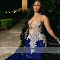 Royal Blue Sequins Beaded Appliques Prom Dresses For African Girls Sheer Neck Mermaid Formal Occasion Gowns - Thumbnail 1