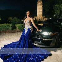 Royal Blue Sequins Beaded Appliques Prom Dresses For African Girls Sheer Neck Mermaid Formal Occasion Gowns - Thumbnail 3