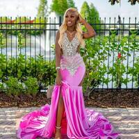 Hot Pink Velvet Mermaid Prom Dresses African Women Glitter Crystals Beads Black Girls Plus Size Evening Occasion Gowns - Thumbnail 1