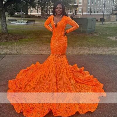 Luxury orange mermaid prom dresses black girls long sleeves bling sequins birthday party gown evening dress