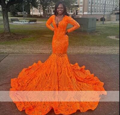Luxury Orange Mermaid Prom Dresses Black Girls Long Sleeves Bling Sequins Birthday Party Gown Evening Dress