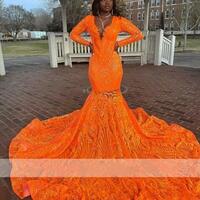 Luxury Orange Mermaid Prom Dresses Black Girls Long Sleeves Bling Sequins Birthday Party Gown Evening Dress - Thumbnail 1
