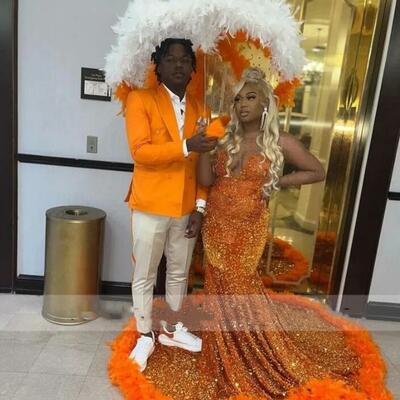 New arrival orange mermaid prom dress sparkly beads crystal feathers sequins luxury evening dress